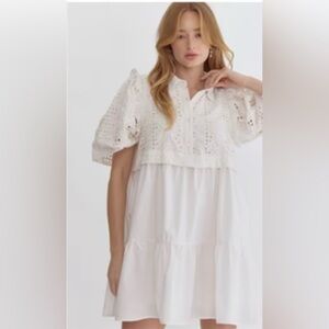 NWT Entro Sweet Innocence White Eyelet Puff Sleeve Mini Dress Size Small